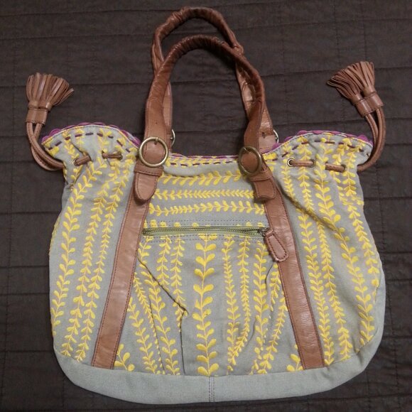 Lucky Penny Anthropologie Purse Handbag Tote Hobo Boho Bohemian Yellow Gray - Picture 2 of 16